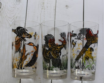 Vintage Set of Duck Pheasant Wild Turkey Drinking Glasses 1970s