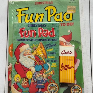 Vintage Christmas Fun Pad Mal- und Beschäftigungsbuch mit Buntstiften Neue 1980er Jahre