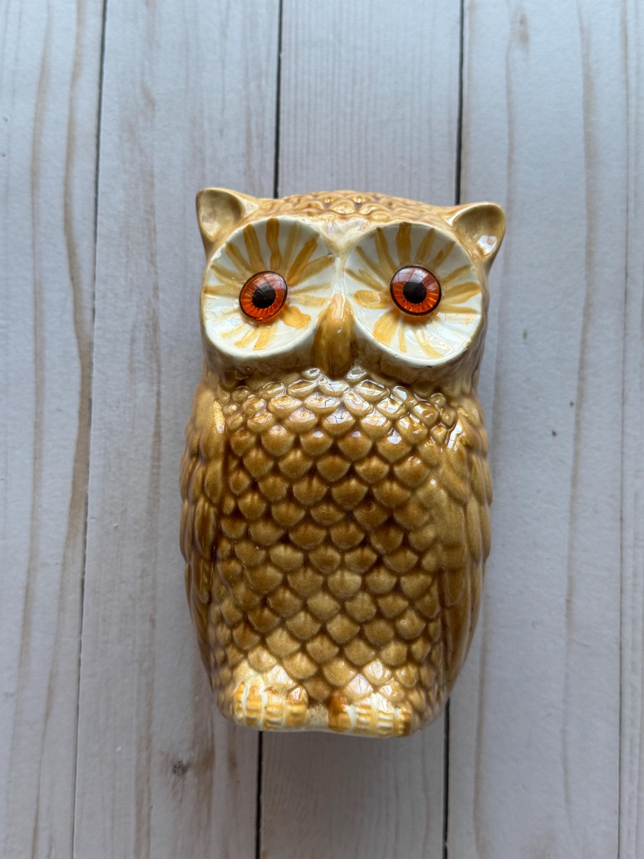 Vintage Handmade Big Eyed Ceramic Owl Bank 1970s
