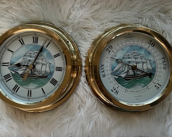 Vintage Springfield Ship Pattern Clock and Barometer With Brass Frame 1980s