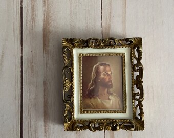 Vintage Miniature Jesus Portrait Framed Art 1970s