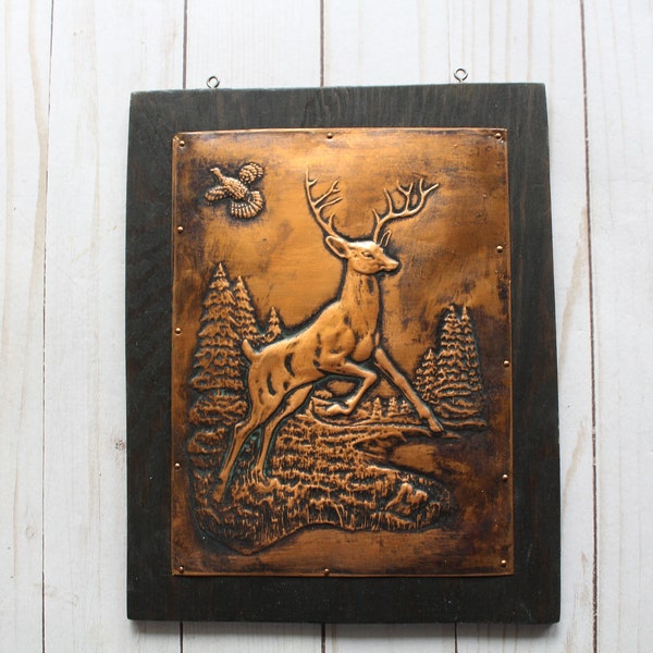 Vintage Embossed Copper Deer Scene Wall Plaque 1970s