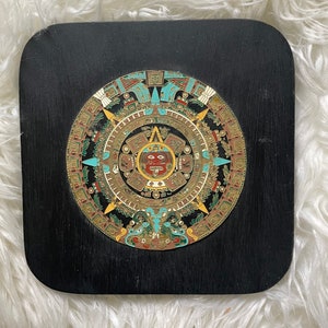 Vintage Brass Mounted Maya Aztec Sun Stone Calendar Wall Hanging 1980s