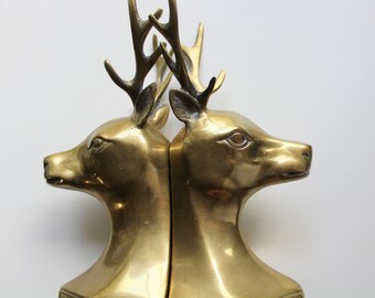 Vintage Set of Brass Buck Deer Head with Antlers Bookends 1970s