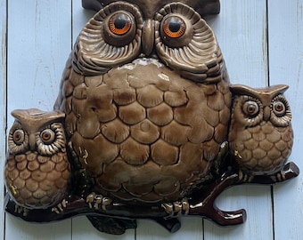 Vintage Arnel's Ceramic Owls On A Branch Wall Hanging 1970s