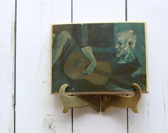 Vintage Wood Mounted Picasso Print The Old Guitarist With Brass Folding Display Stand 1970s