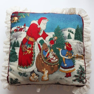Vintage Santa Claus Handing Our Presents Decorative Throw Pillow 1980s