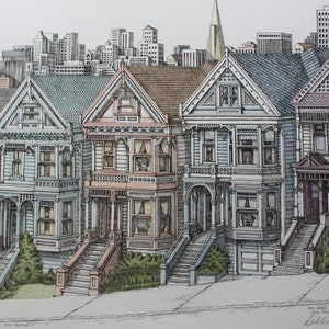 Vintage Wood Framed 700 Block Steiner Street San Francisco California Print Signed D.W. Patrick 1996
