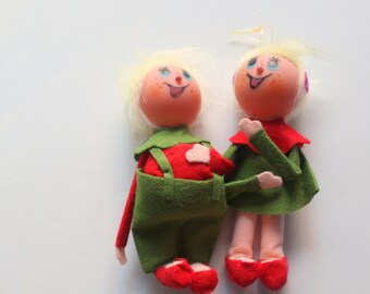 Vintage Freckled Boy And Girl Felt Christmas Ornament 1960s