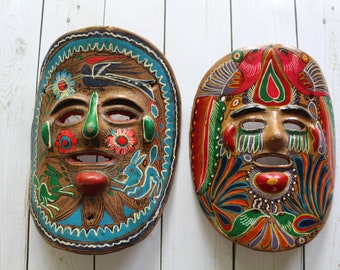 Vintage Pair of Mexican Talavera Clay Folk Art Mask Wall Hangings 1980s