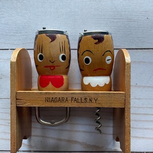 Vintage Niagara Falls Wooden Souvenir Salt and Pepper Shakers With Bottle Opener and Corkscrew 1970s