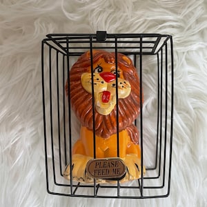 Vintage Ceramic Lion Bank In a Metal Cage 1970s