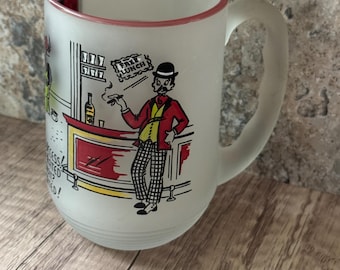 Vintage Humorous Victorian Cartoon Mug Frosted Glass Beer Stein 1960s