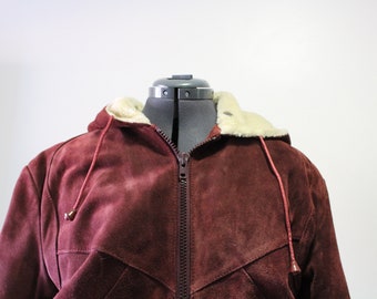 Vintage Men's Chess King Faux Fur Lined Burgundy Suede Coat With Hood 1970s