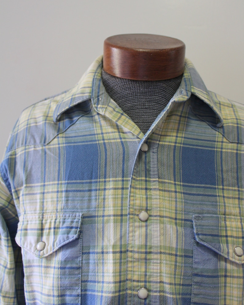 Vintage Men/'s Wrangler Western Plaid Cotton Long Sleeve Snap Button Shirt 1970s