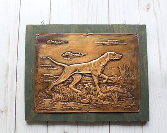 Vintage Embossed Copper Hunting Dog Scene Wall Plaque 1970s