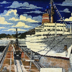 Vintage Framed Ship At The Docks Wall Tapestry 1970s