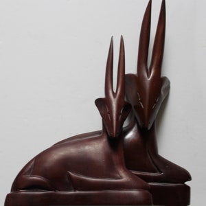 Vintage Pair of Carved Wooden Antelope Statues 1970s