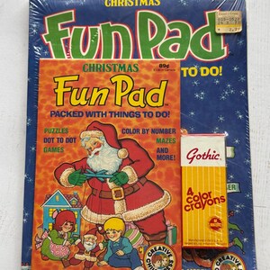 Bloc de notas para colorear y actividades navideñas vintage con crayones, nuevo de los años 80