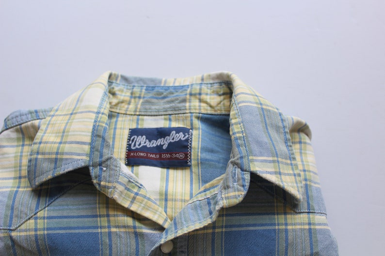 Vintage Men/'s Wrangler Western Plaid Cotton Long Sleeve Snap Button Shirt 1970s