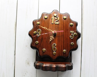 Vintage Handmade Gears Wooden Tabletop Clock 1970s