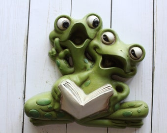 Vintage Burwood Reading Frogs Wall Art 1978