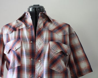 Vintage Herren Rustler Western Karo Baumwolle Kurzarm Druckknopf Hemd 1980er Jahre