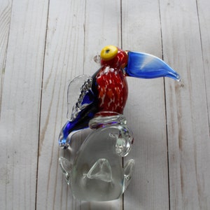 Vintage Glass Crystal Red and Blue Toucan Statue 1980s
