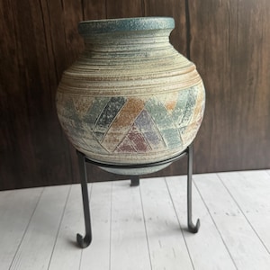Vintage River Junction Pottery Works Handmade Southwest Design Stoneware Vase on Black Metal Stand 1980s