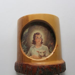 Vintage Warner Sallman The Boy Jesus Holding Lamb Portrait Wood Carved Wall Lamp 1950s
