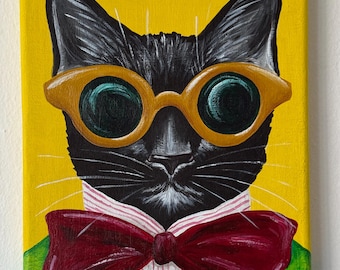 猫アート、キャンバスに描かれた黒猫の絵画、オリジナルアクリル