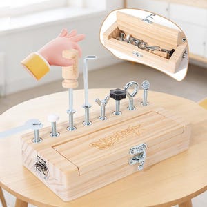 May include: A rectangular light-coloured wooden toy tool box with a hinged lid and metal latches. The top surface features several holes containing various metal bolts, screws, and a wooden screwdriver. The text Wood Dad is engraved on the lid.
