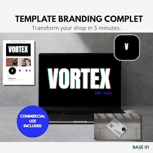 May include: A digital branding template set featuring a laptop screen displaying the word VORTEX in white with a red and blue glitch effect and the text EST. 2026. Includes a brand board, a square logo icon with a V, and a business card design.
