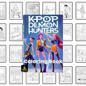 Puede incluir: Un libro para colorear "K-Pop Demon Hunters" con una portada vibrante que presenta a tres personajes femeninos con atuendos elegantes, sosteniendo espadas. La portada también muestra el texto "Coloring Book". Alrededor del libro hay múltiples ilustraciones en blanco y negro.
