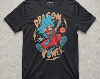 Dragon Power Cartoon Shirt, Vintage 1930s Rubber Hose Martial Arts Tee, Nostalgic Shonen Fighter Top, Edgy Skate Punk Streetwear