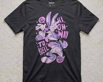 Highway To Hell Cartoon Shirt, Vintage Hard Rock Rabbit Graphic Tee, Nostalgic 1930s Rubber Hose Bunny Top, Edgy Skate Punk Streetwear