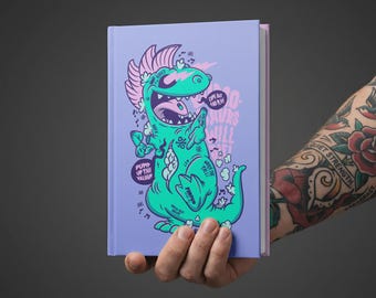 90s Punk Dinosaur Hardcover Journal | Skate Animation Sketchbook, Nostalgic Writing Pad