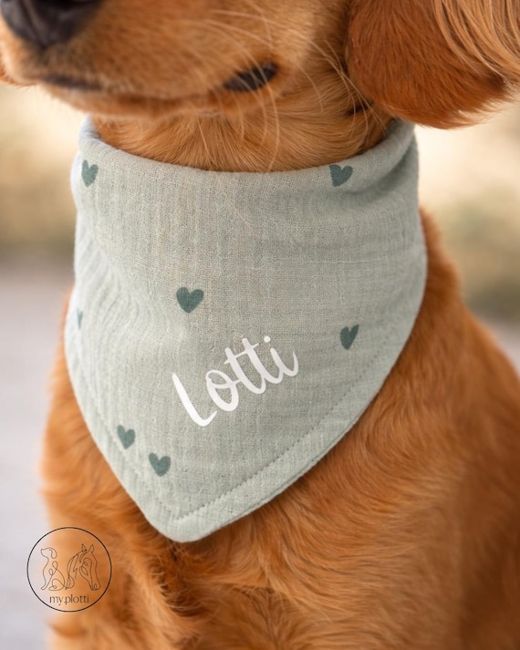 Hundehalstuch personalisiert mit Name | Hundebandana Musselin Herzchen | Halstuch für Hunde | Geschenk Hundeliebhaber