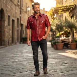 Peut inclure: Une chemise à manches courtes boutonnée d'un rouge profond avec un motif texturé rappelant la peau de reptile, dotée de deux poches de poitrine à rabat avec des boutons argentés, portée avec un jean gris anthracite et des bottes en cuir marron.