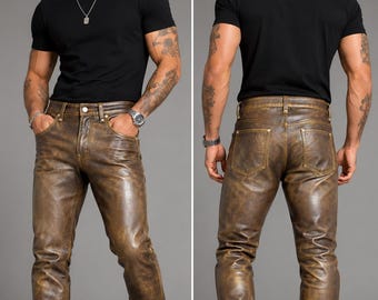 Handmade Men's Premium Distressed Brown Cowhide Leather Jeans Genuine Style Leather Streetwear Festival Pants, Rugged Men's Leather Trousers