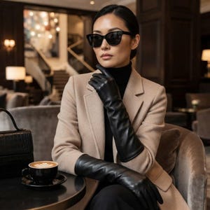 Handmade Women's Long Black Leather Gloves, Genuine Lambskin Opera Gloves, Elbow Length Winter Gloves, Luxury Statement Gloves