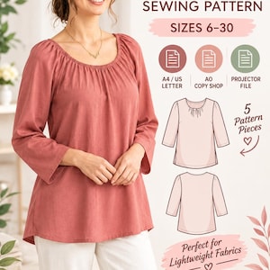 May include: A sewing pattern for a tunic top in sizes 6-30, featuring a dusty rose long-sleeve shirt with a shirred neckline. The graphic includes text, technical line drawings of the front and back, and icons for A4, US Letter, A0, and projector files.