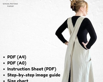 Japanese Cross-Back Linen Apron with Front Pockets – Pinafore Style Kitchen & Craft Apron