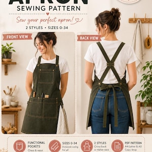 May include: Apron sewing pattern with a 70% discount, featuring front and back views of a green apron. It includes functional pockets and cross-back or halter-neck styles. Sizes 0-34 are available. The pattern is beginner-friendly with step-by-step instructions.