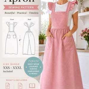 Puede incluir: Patrón de costura de delantal con volantes rosa, con un diagrama de las vistas delantera y trasera. El delantal tiene un escote cuadrado, tirantes con volantes y dos bolsillos delanteros. El texto de la imagen dice "Ruffle Apron" y "Sewing Pattern".