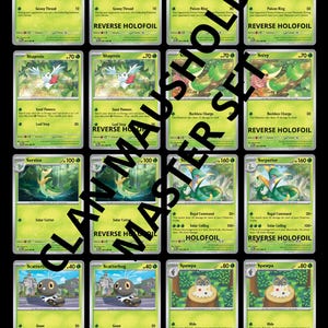 Puede incluir: Una colección de cartas coleccionables de Pokémon, con varios personajes con diferentes habilidades y PS. Las cartas tienen un esquema de color verde y amarillo, con texto e ilustraciones. Algunas cartas están etiquetadas como "Reverse Holofoil".
