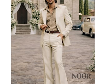 Traje crema para hombre, pantalones acampanados vintage de los años 70, traje bohemio para boda, novio, graduación, esmoquin disco beige, traje crema de los años 70, traje para hombre, años 70