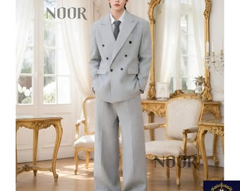Light Grey Suit Men Oversized Blazer Wide Leg Pants Baggy Double Breasted Prom Groom Trauanzug Herren Costume Homme THE NOOR
