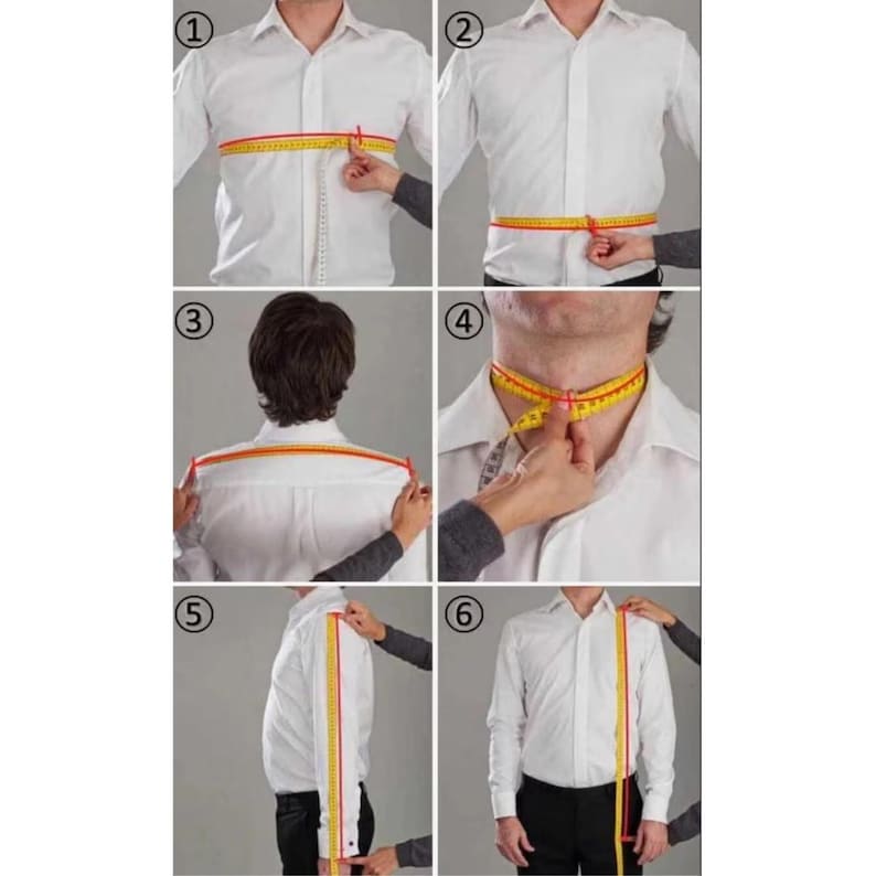 Puede incluir: Seis im&aacute;genes que muestran c&oacute;mo medir a una persona para ropa. Se utiliza una cinta m&eacute;trica amarilla para medir el pecho, la cintura, los hombros, el cuello, la longitud de la manga y la altura total. La persona lleva una camisa blanca abotonada.