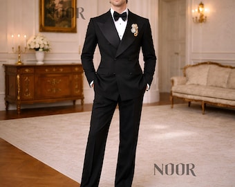 Esmoquin negro para hombre, traje cruzado para boda, novio, traje de graduación, corbata negra, chaqueta de esmoquin vintage, esmoquin negro para hombre, personalizado